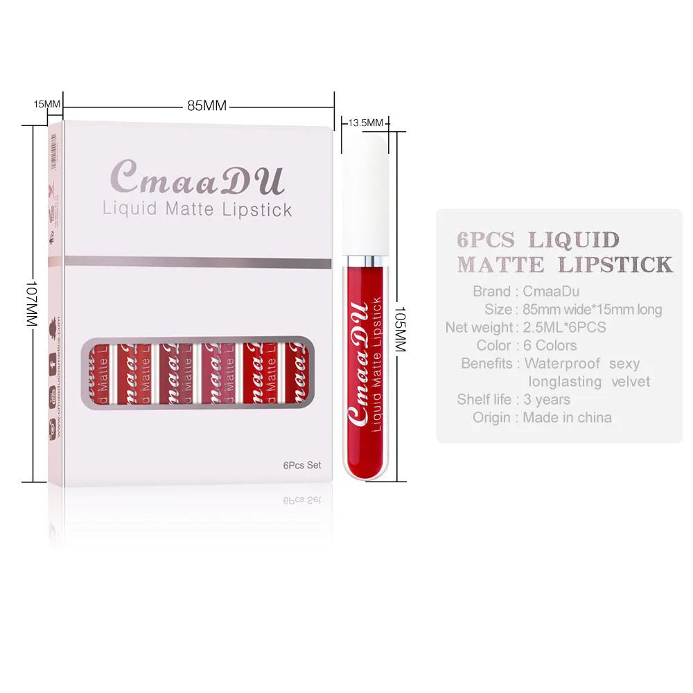 Six waterproof matte lip gloss tubes in styles A-F with non-stick formula and multivitamin ingredients