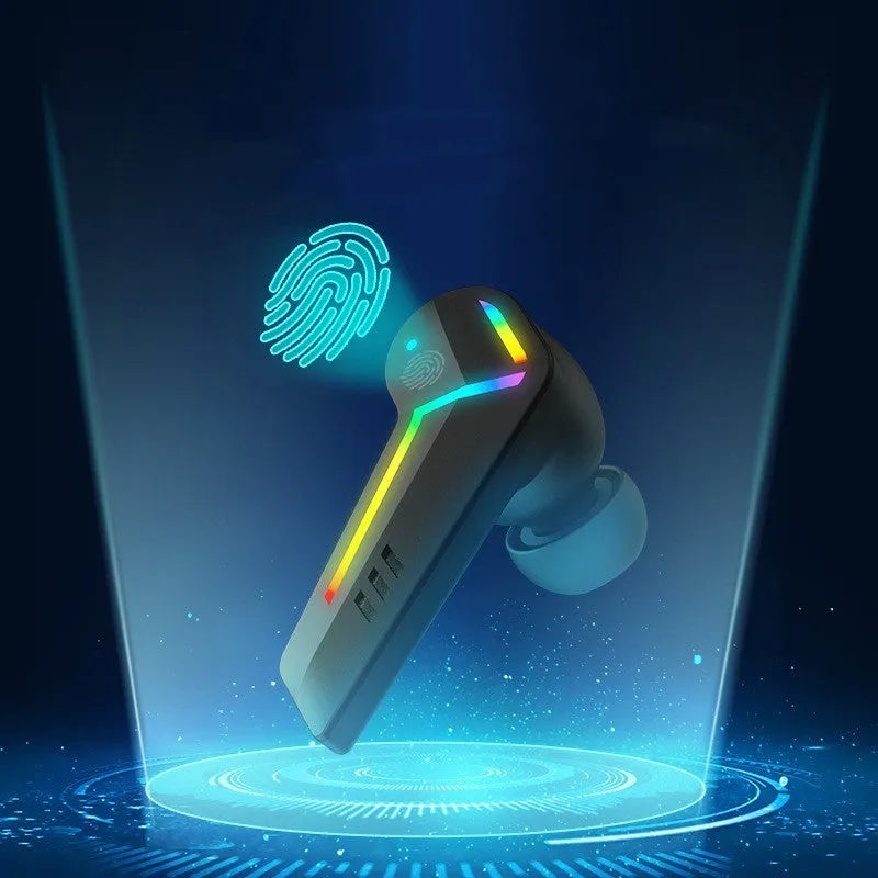 Small black Bluetooth earplug headset for sports and gaming with NFC function.
