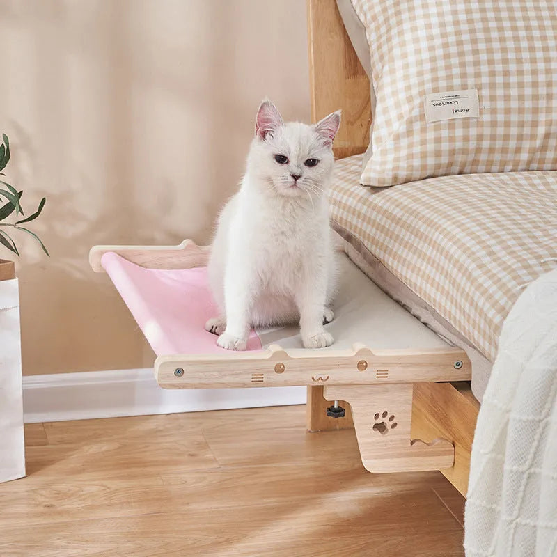 Wooden frame cat hanging hammock bed installed on a window, suitable for cats and small dogs.