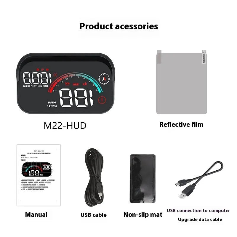 M22 GPS HUD head-up display with 3.5in HD LED screen and universal OBD cable for car dashboard