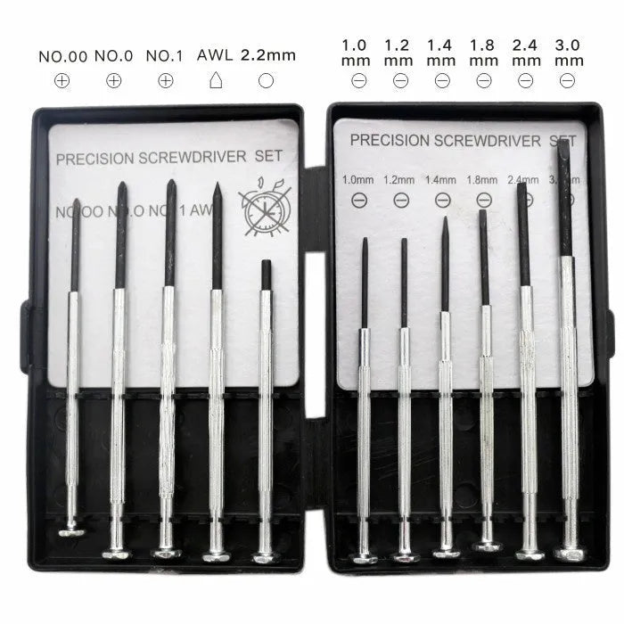 TH-6177 11-piece precision screwdriver set with cross, flat, and other tips on a grey background.