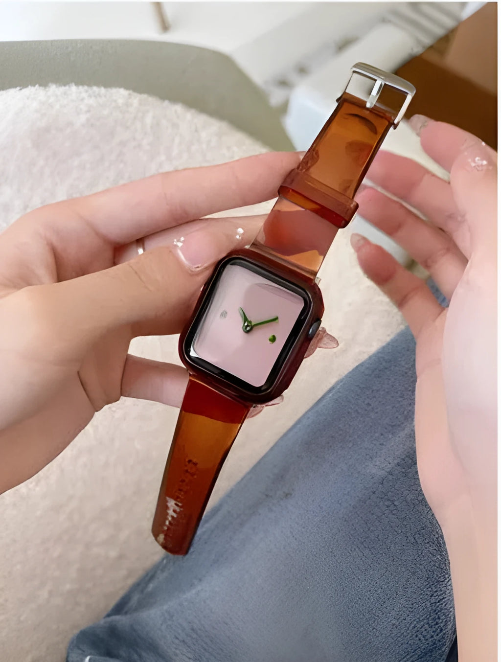 Brown transparent Apple Watch replacement strap and case compatible with iWatch series 1-7 in 38mm to 45mm sizes