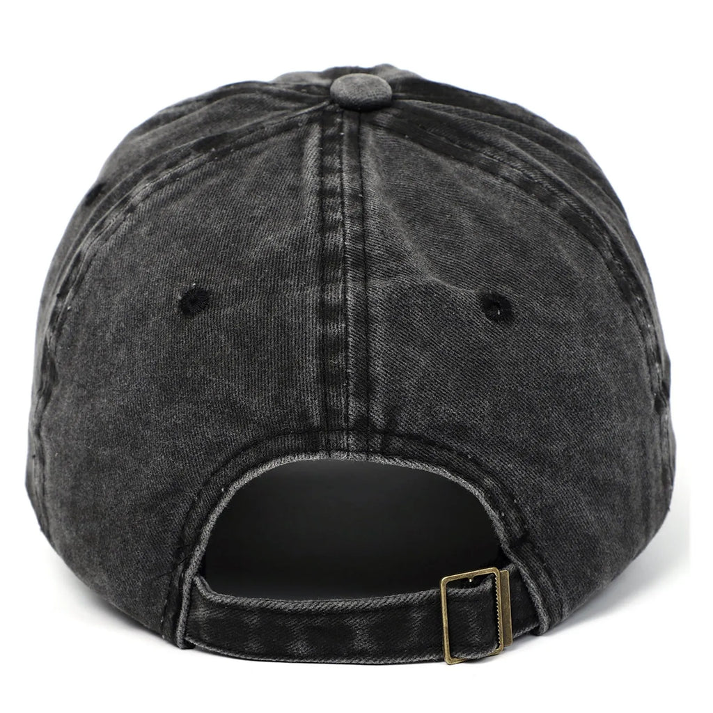 Retro style cotton baseball cap with embroidered design on a dome crown, shown in multiple colours.