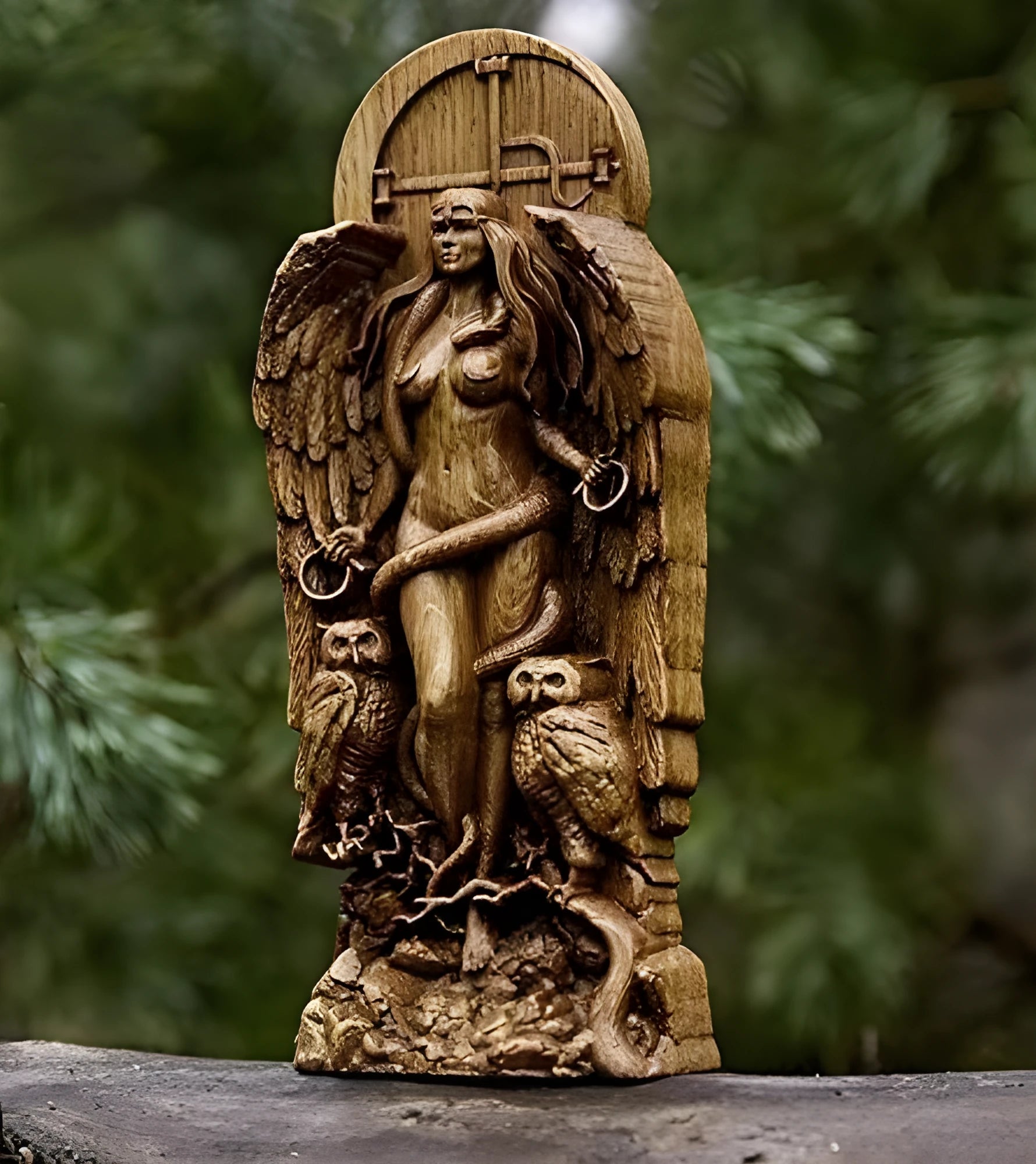 A detailed synthetic resin statue of a Greek goddess, 22cm tall, shown in a garden setting.