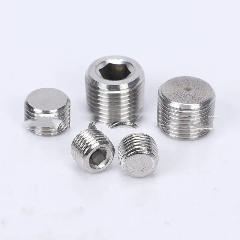 Stainless steel hexagon plug for 3/8 inch threaded pipe, showing hexagonal head.