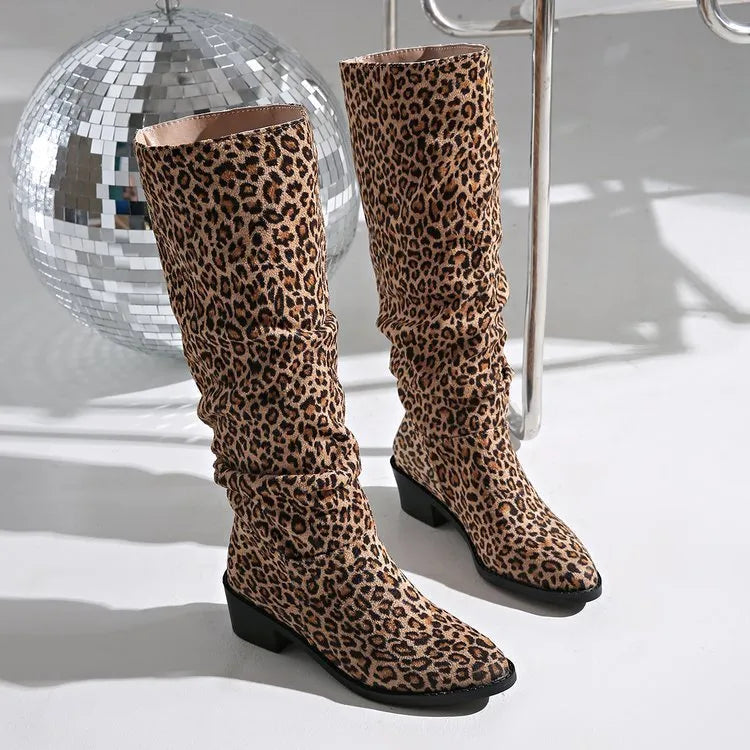 Brown leopard print women's ankle boots with square toe and chunky mid-height heel