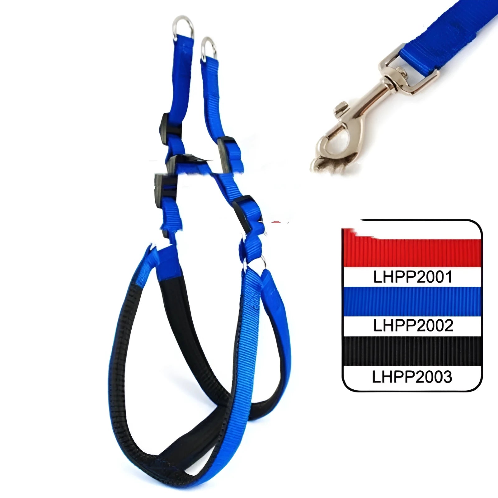 Blue pet harness with polypropylene foam lining and nylon construction shown on dog model