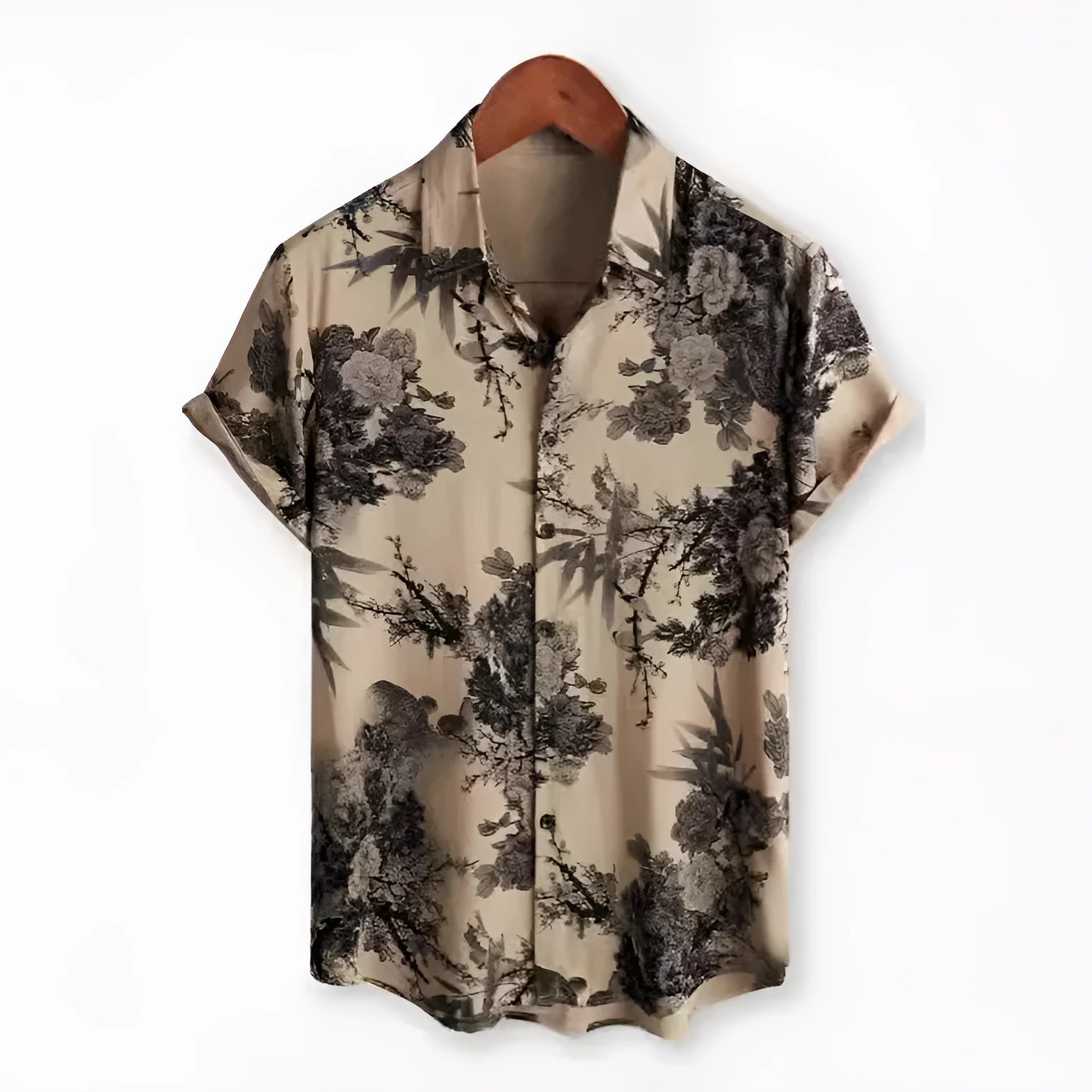 Hawaiian style short sleeve shirt with lapel collar and floral digital print, made from elastic polyester fabric.