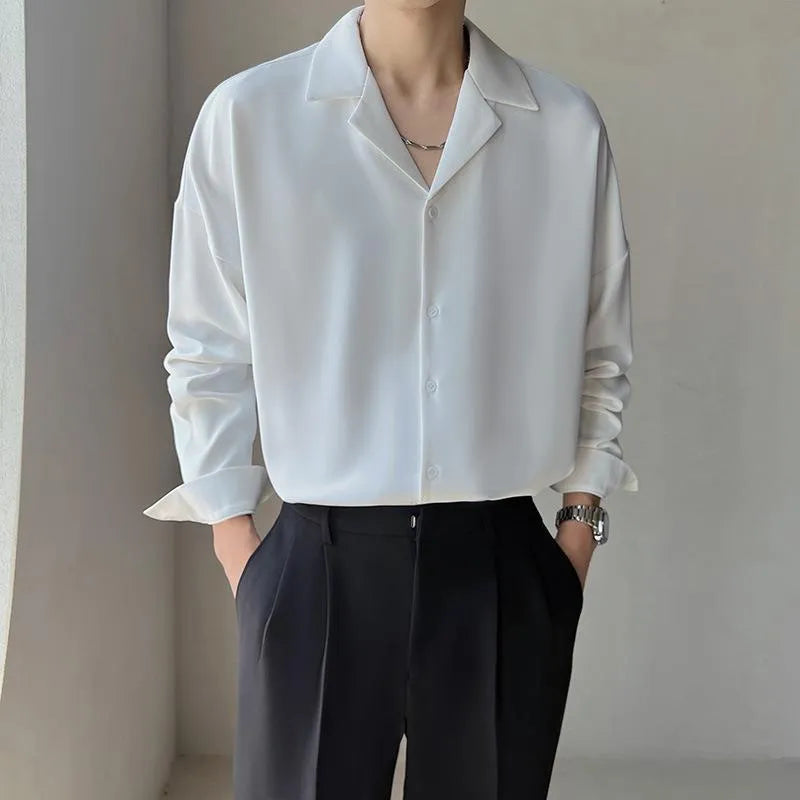 Solid colour long sleeve cardigan shirt with lapel collar in apricot, polyester fabric, front view