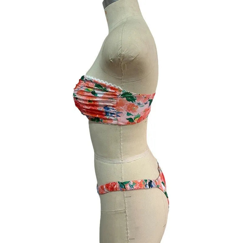 Women's floral printed tube top bikini set with lace trim in blue, pink, yellow colours