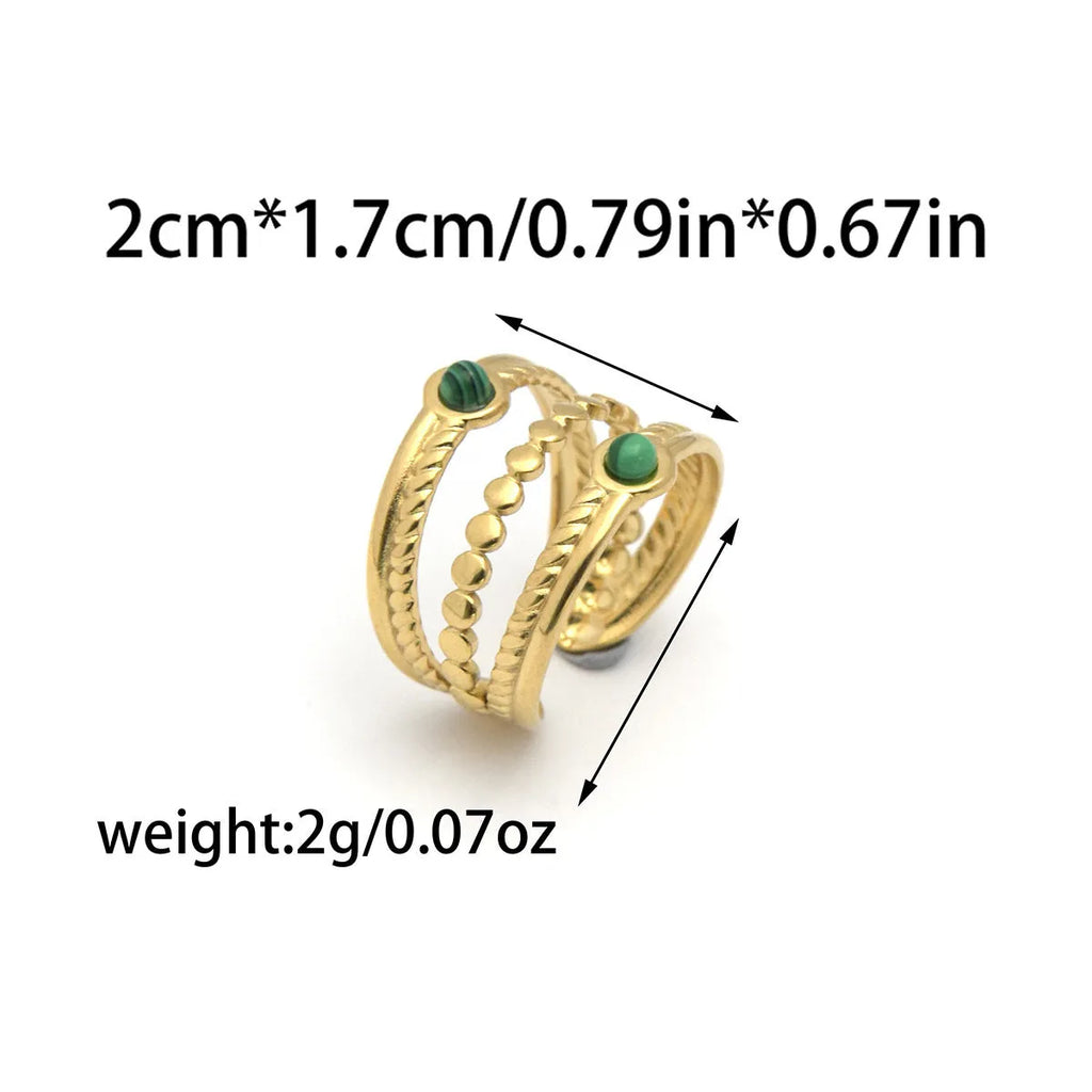 Natural stone multi-layer open ring in 304 stainless steel with gold plating, adjustable size, pink colour, geometric palace style