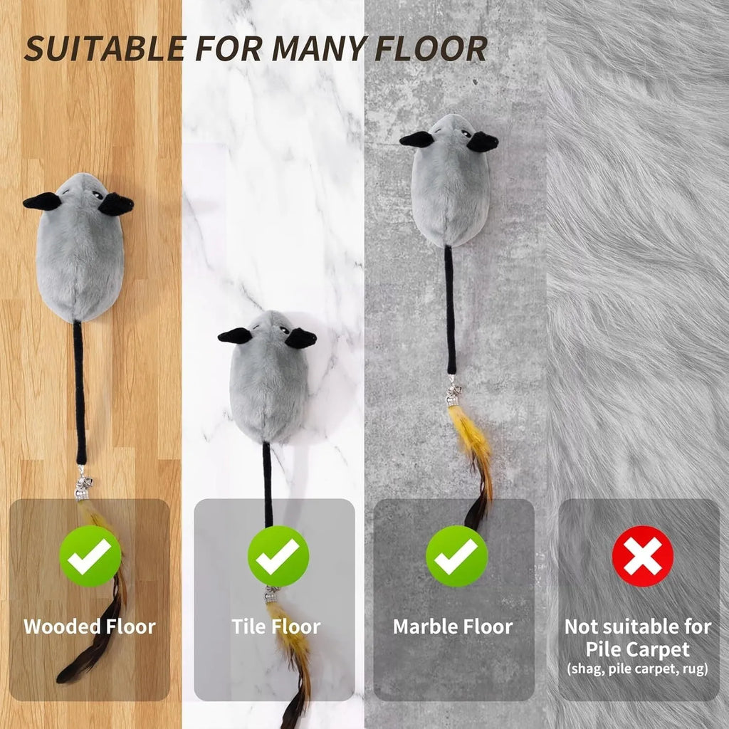 Grey and yellow interactive cat toy mouse with feather tail and LED lights on floor