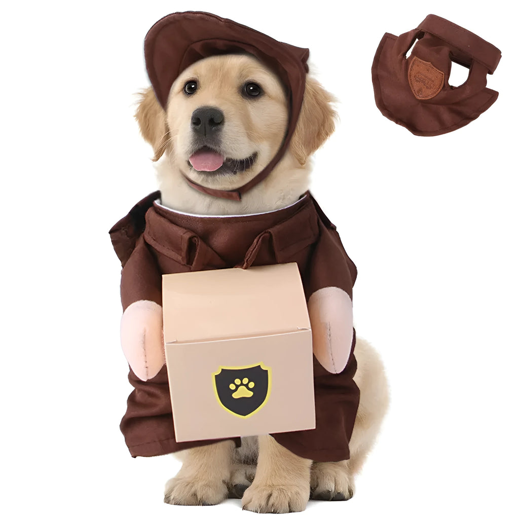Coffee brown courier-themed dog shirt on pet showing humorous standing design and polyester fabric