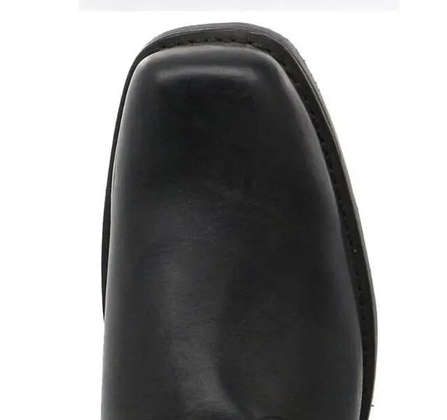 Men's brown vintage cowboy boots with a large silver belt buckle ring detail on the side.