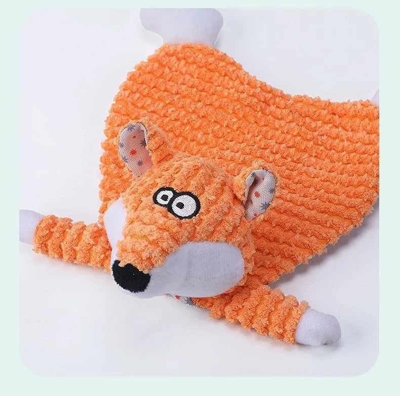 Brown, grey, or orange velvet plush pet toy shaped like a fox elephant with crinkly sound paper inside