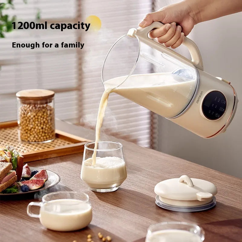 Milky white automatic soybean milk maker with glass body and touch control panel.