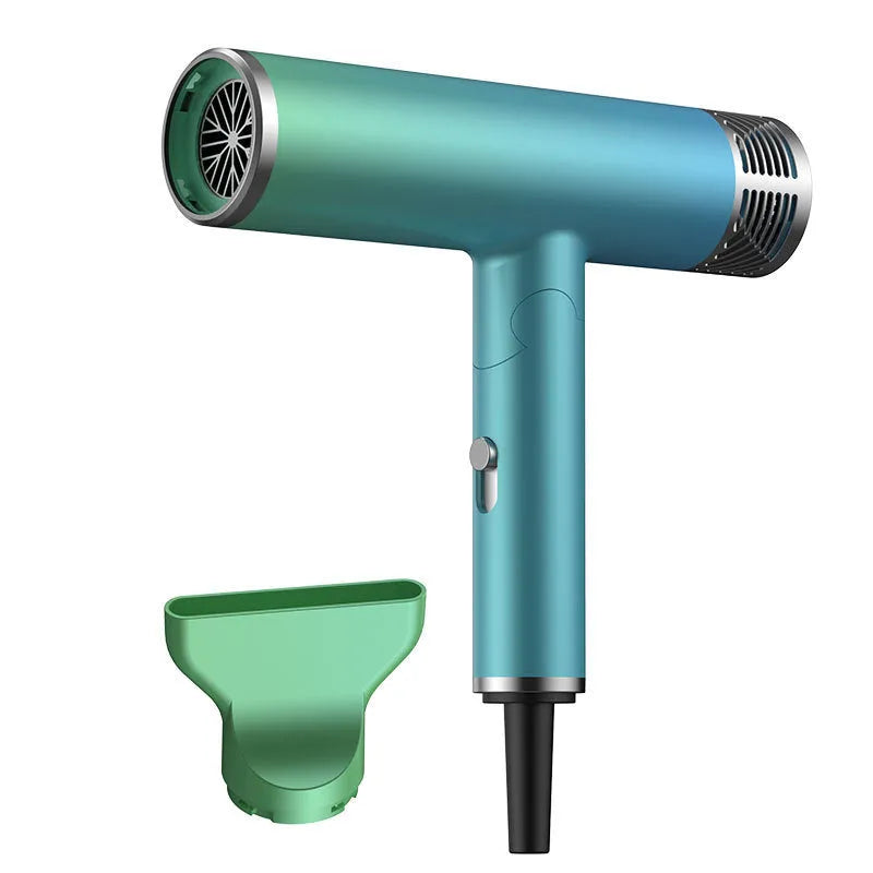 Compact foldable hair dryer in green or purple colour, shown in folded and unfolded positions.