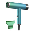 Compact foldable hair dryer in green or purple colour, shown in folded and unfolded positions.