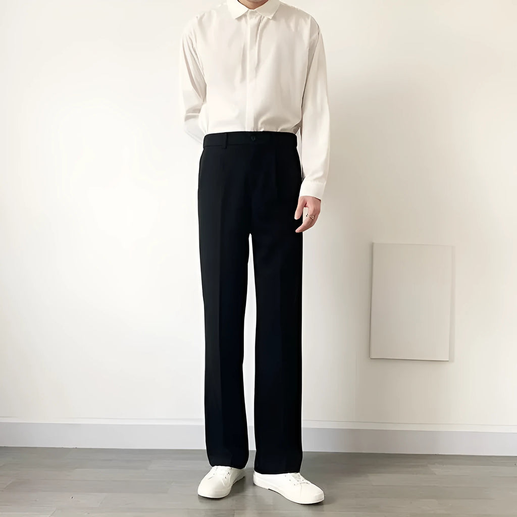 Loose wide-leg draping trousers in polyester, straight-leg cut, black grey khaki, sizes S to 3XL