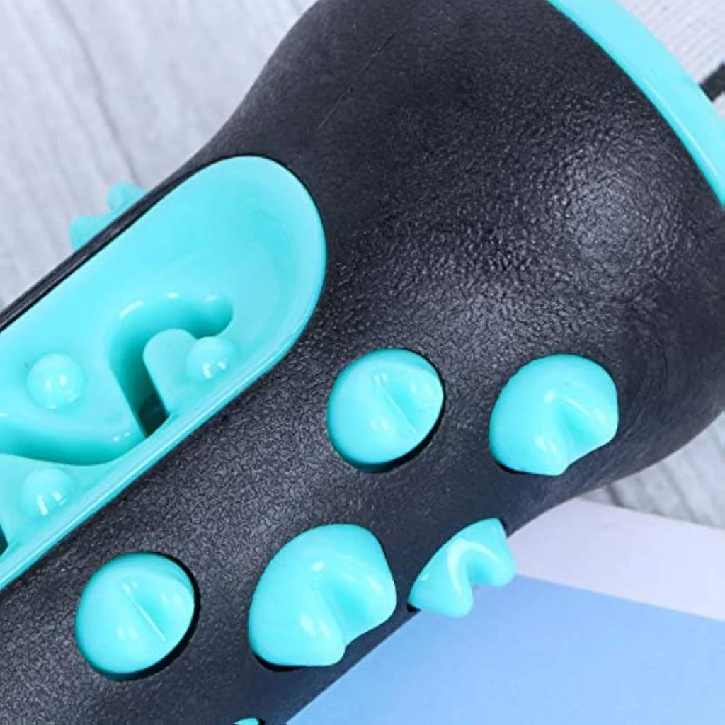 Natural rubber dog dental chew toy in blue, shown as a toothbrush-shaped stick for teeth cleaning.