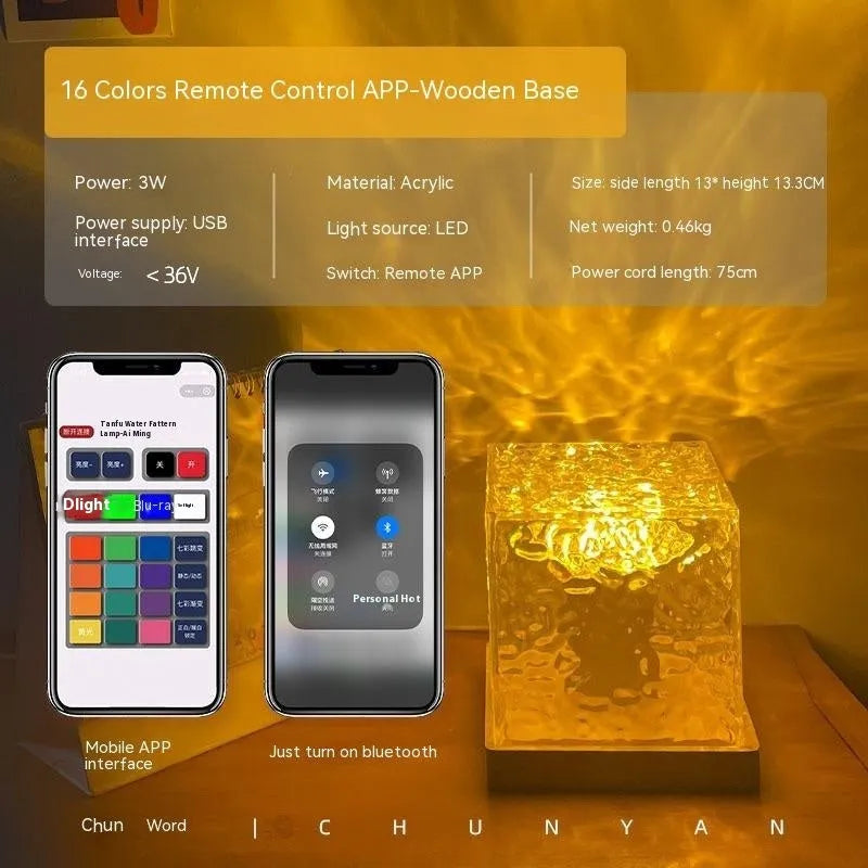 Remote control water ripple LED table lamp with USB cable and crystal projection element