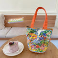 Dream Garden orange plush canvas women's bucket bag with double shoulder straps and printed letter details