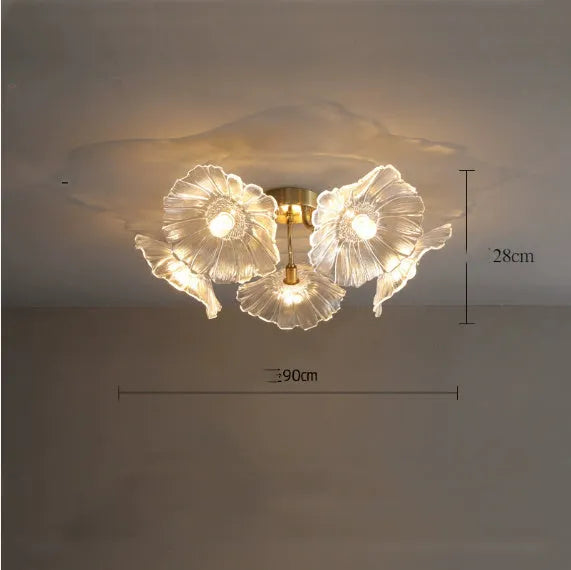 Modern creative ceiling chandelier with five white flower heads and warm lighting.