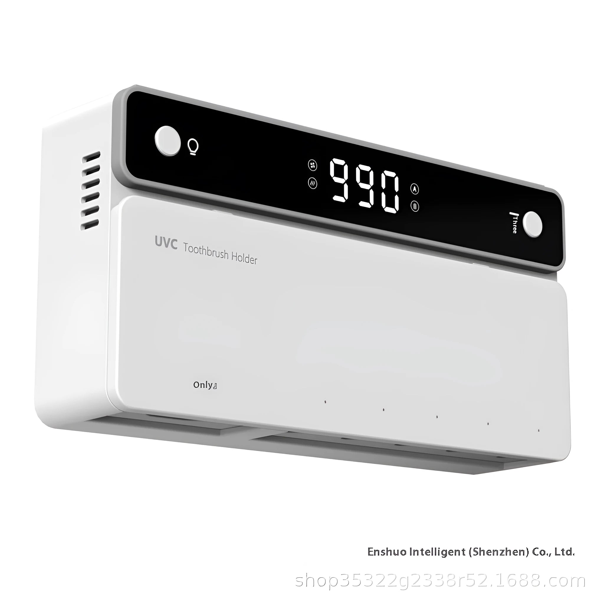 Black toothbrush sterilizer mounted on bathroom wall with UV disinfection and automatic drying