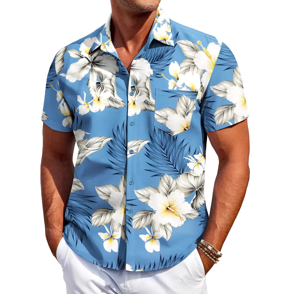 Man wearing a slim fit Hawaiian pattern short sleeve shirt in a cardigan style.