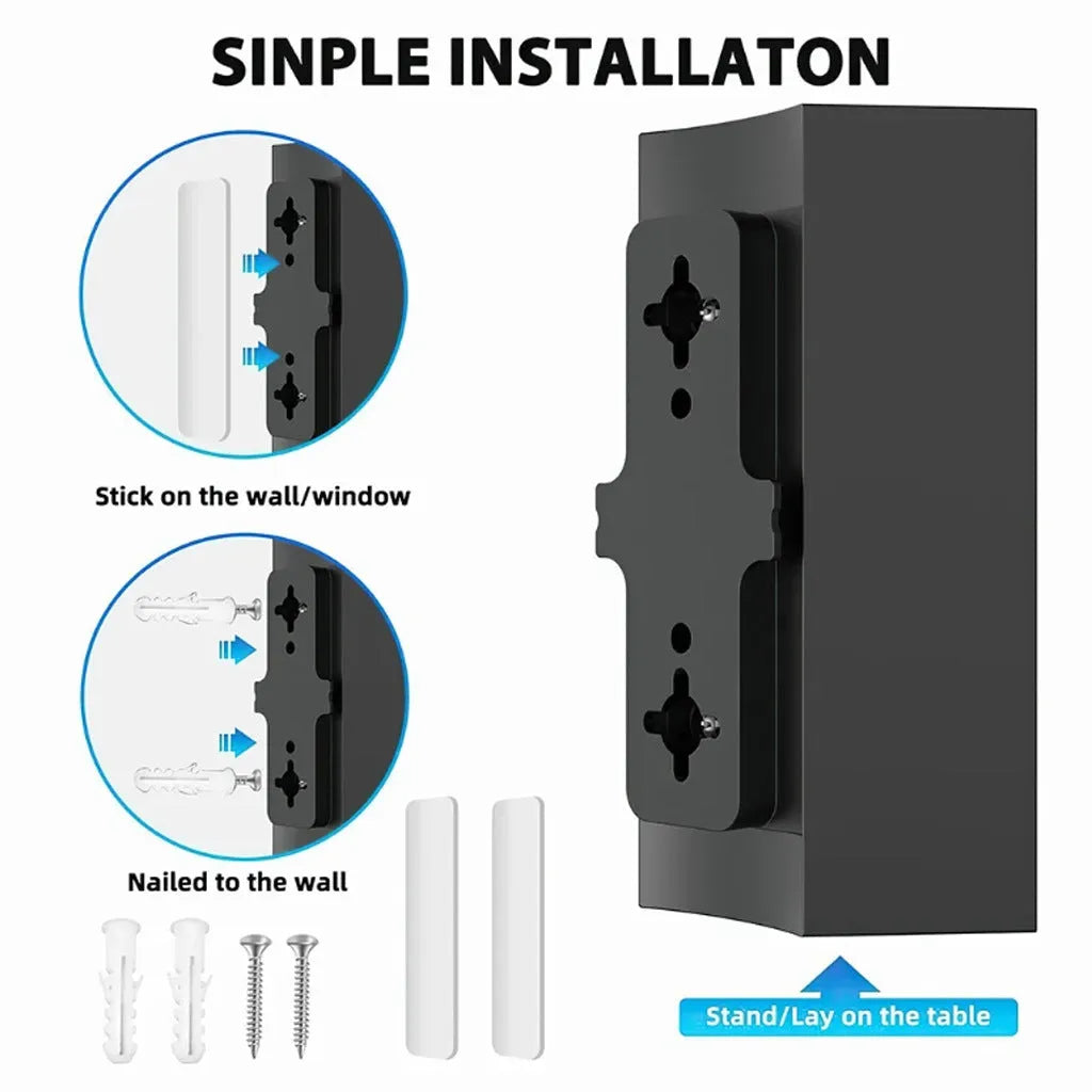 Black plastic indoor digital television antenna with mounting accessories on a white background.