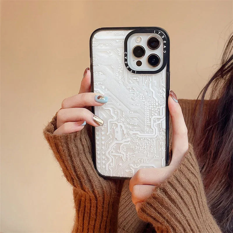 Circuit board acrylic phone case with hard PC shell for Apple iPhone, shown in IC Board or White Circuit Board colour.