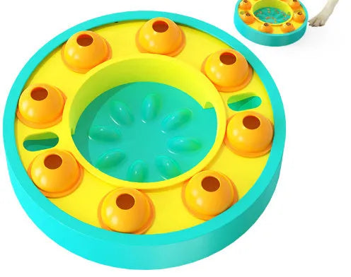 Blue dog puzzle toy with central feeding column and food turntable on non-slip base