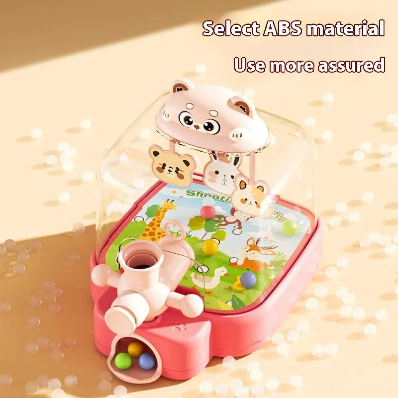Cute Bear plastic pinball machine press launch toy in pink, orange, and green colours for children aged 4-6.