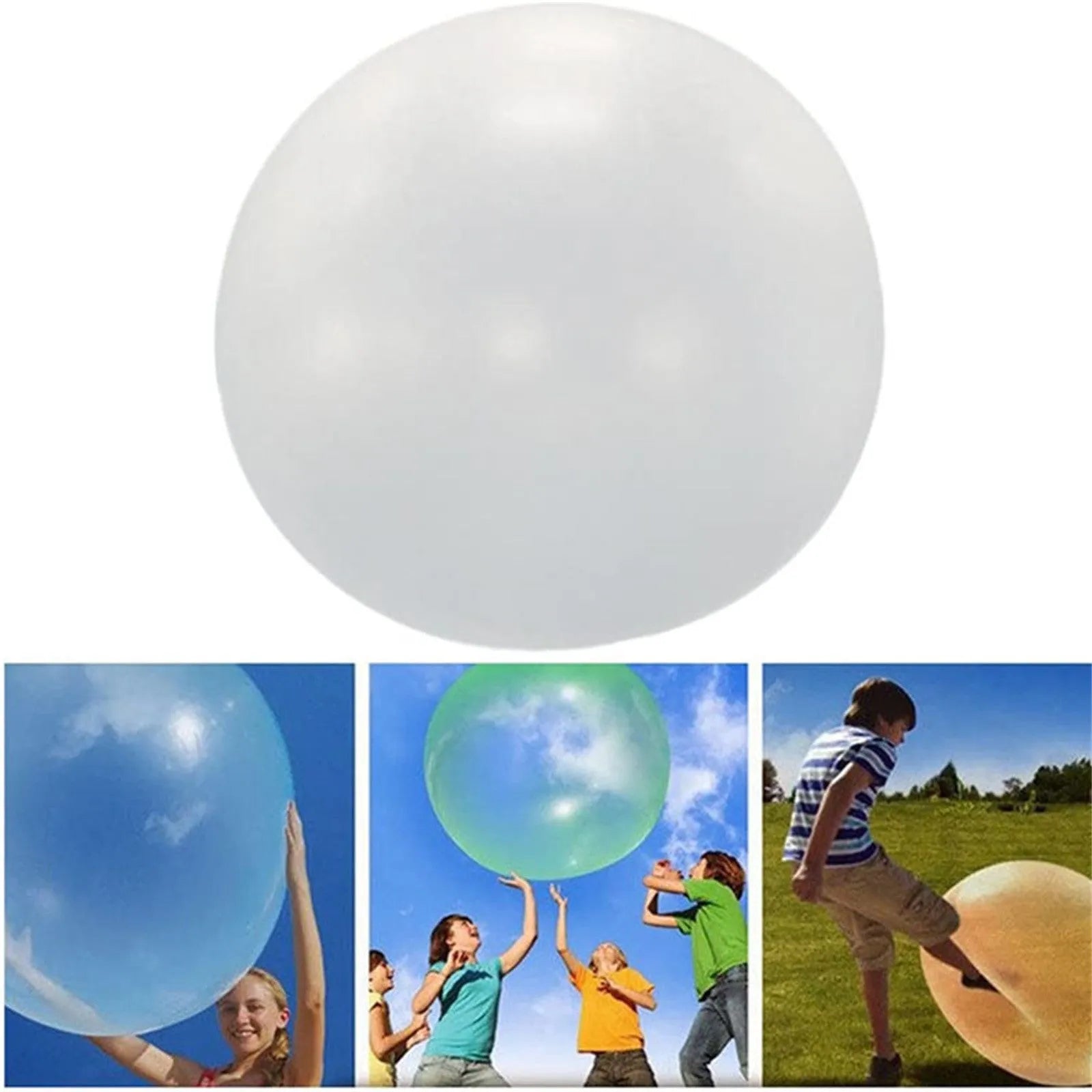 Assortment of inflated pink, yellow, blue and green TPR bouncy balls in different sizes on a plain background.