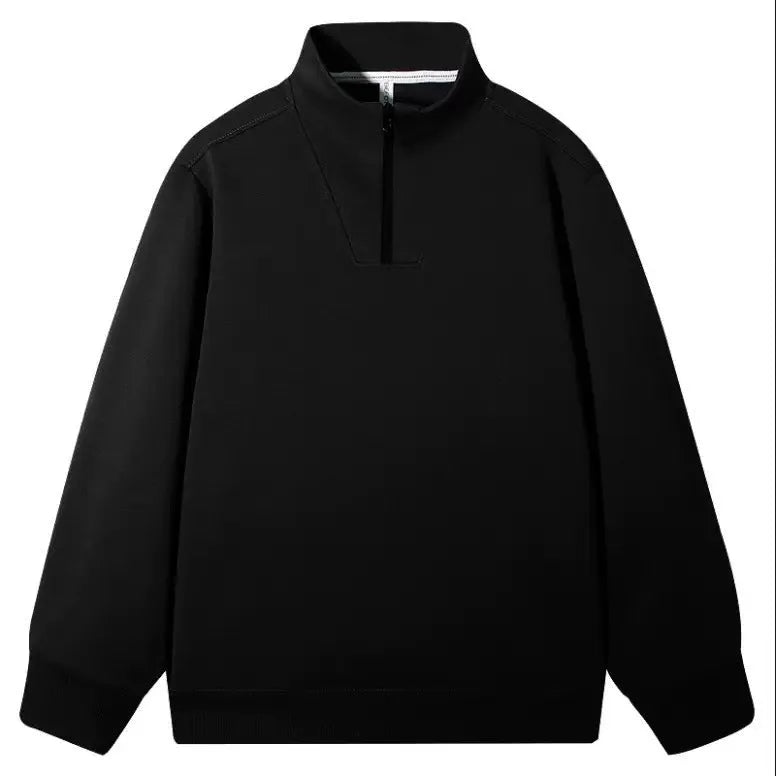 Polyester stand collar zip-up sweatshirt in iron gray on a male model, loose fit, long sleeves