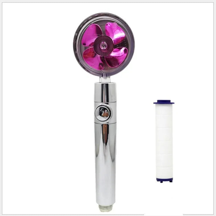 Blue handheld shower head with stop button and turbo nozzle on a chrome bracket.