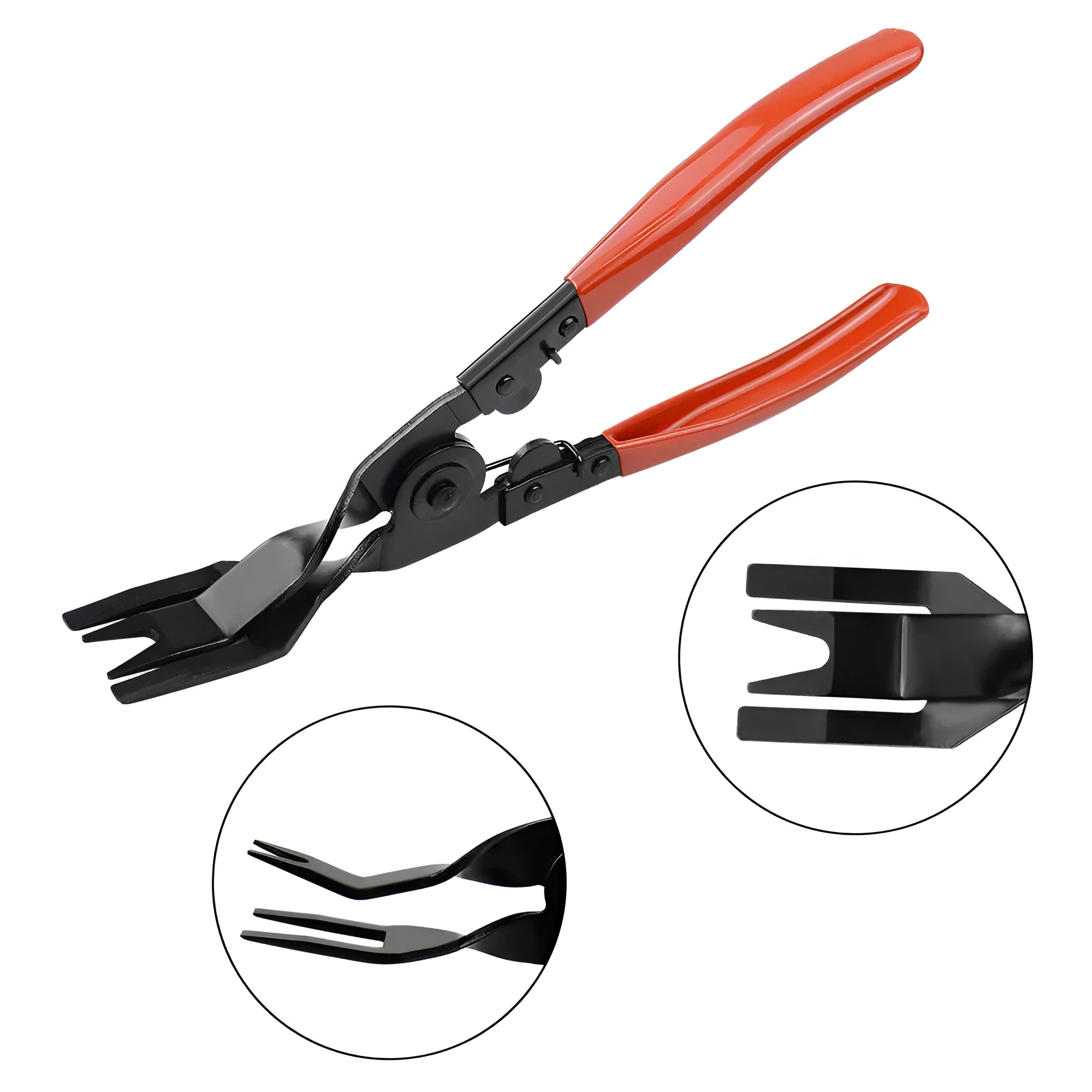 Red-handled steel clip driver tool for General Motors vehicle door panel fasteners.