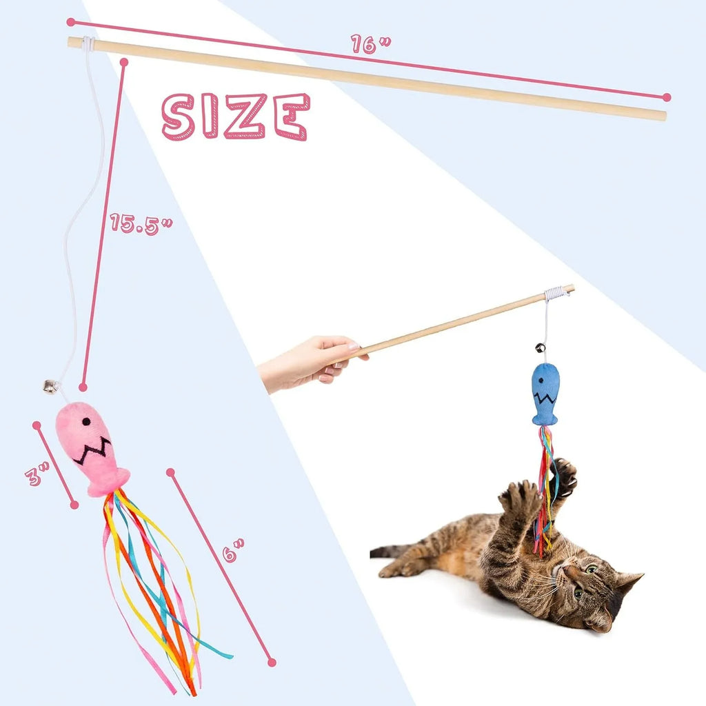 Wooden-handle cat wand toy with colourful ribbons, catnip fish, and bell for interactive indoor play