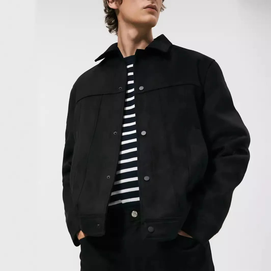 Men's black hooded casual jacket with suede collar and side seam pockets