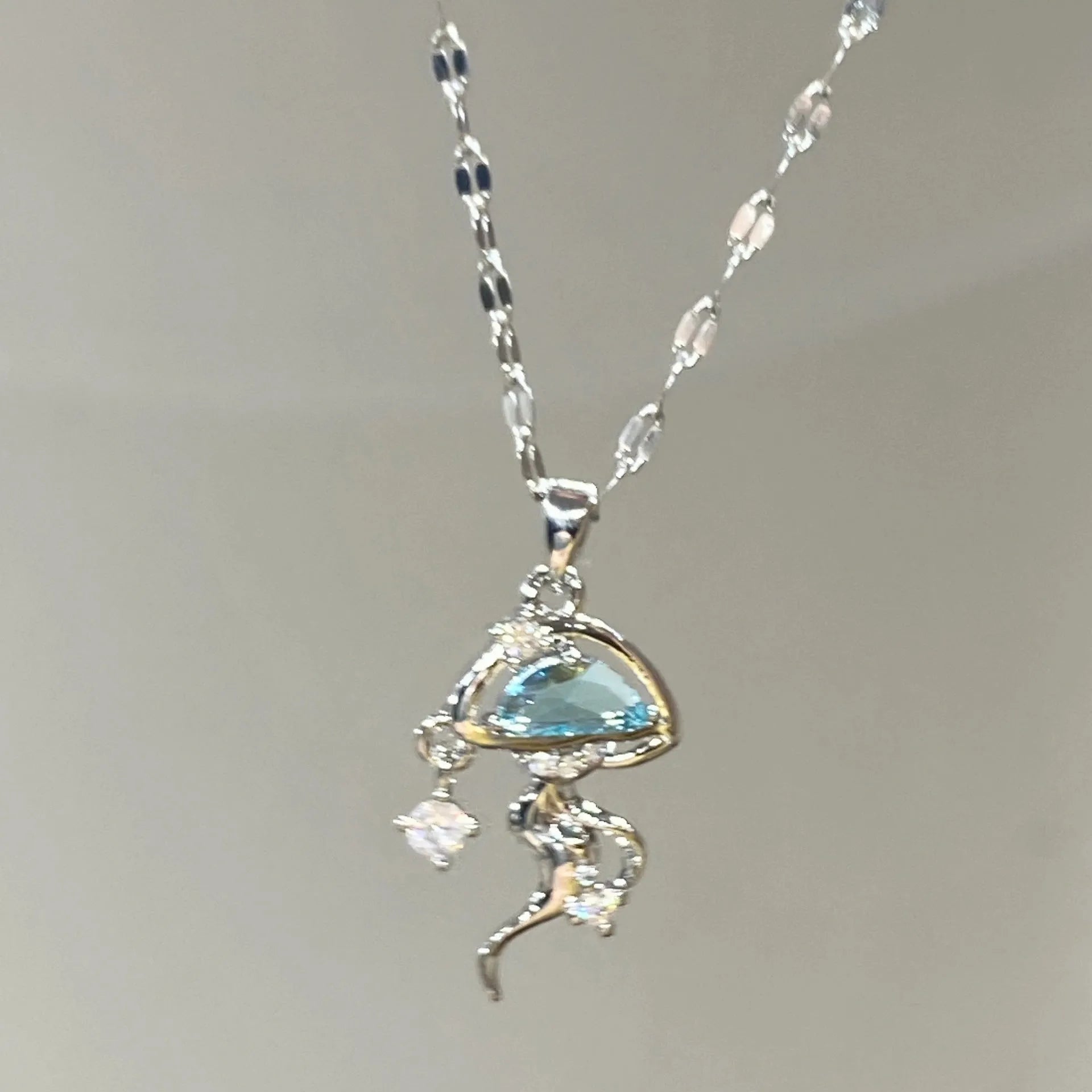 S925 sterling silver blue jellyfish necklace on adjustable chain with white gold colour finish