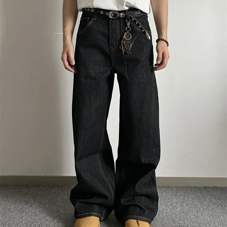 Black loose wide-leg retro jeans with a straight-leg cut and zip fly.