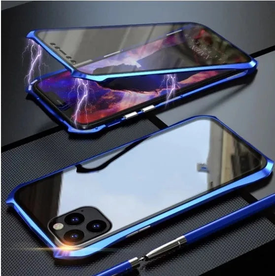 Black metal protective back cover for an iPhone 11 Pro Max mobile phone.