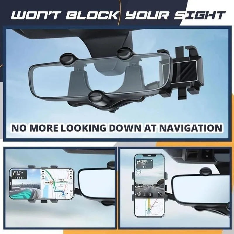 Black rearview mirror phone holder with 360° rotation and telescopic arm extended