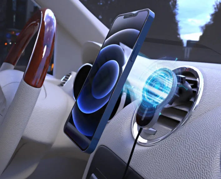 Black magnetic car wireless charging bracket compatible with iPhone and other smartphones on dashboard