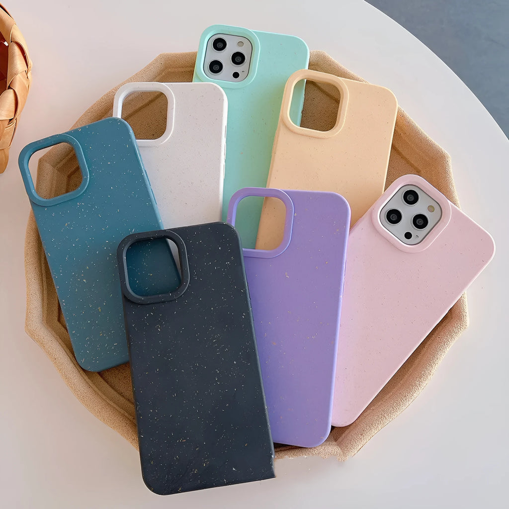 Fully degradable wheat straw phone case for Apple iPhone on a white background.