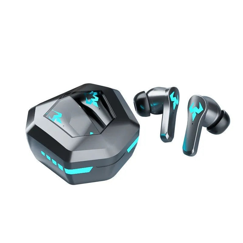 Black wireless in-ear sports gaming headset with Bluetooth 5.0 and noise cancellation.