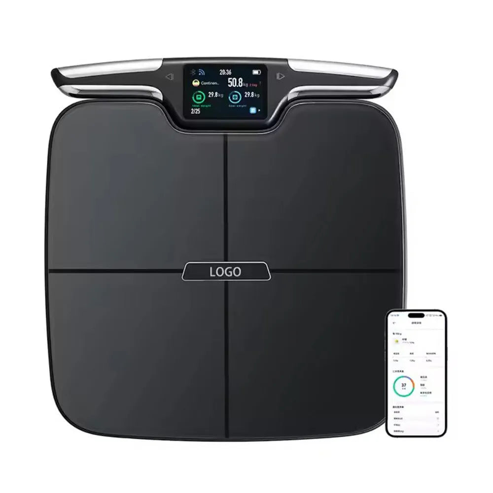 Black square eight-electrode body fat scale on a bathroom floor