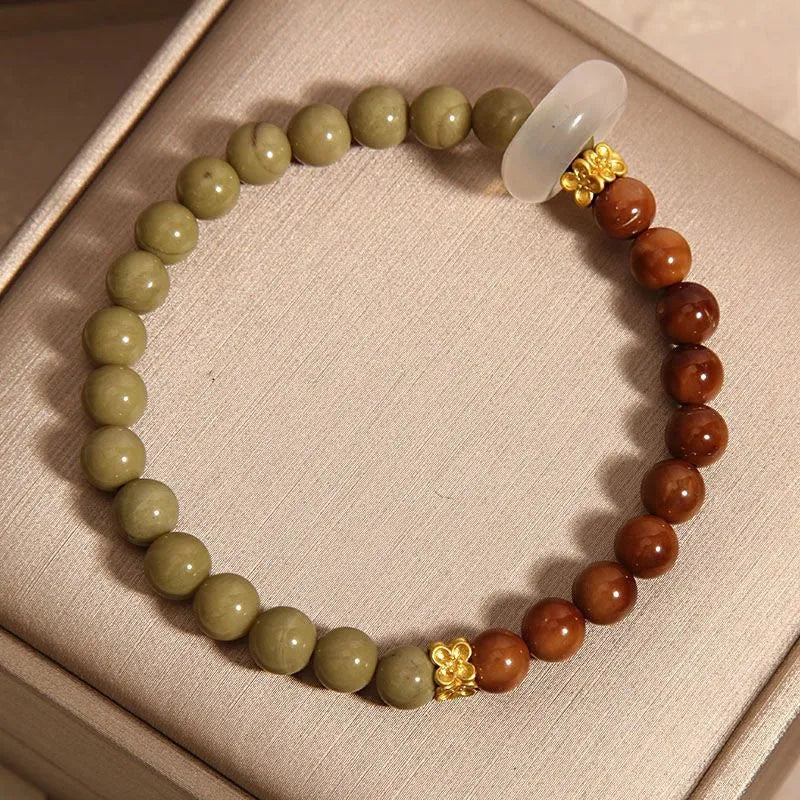 Green gradient women's bracelet with crown, diamond, and geometric shapes in a double ring new Chinese style design.