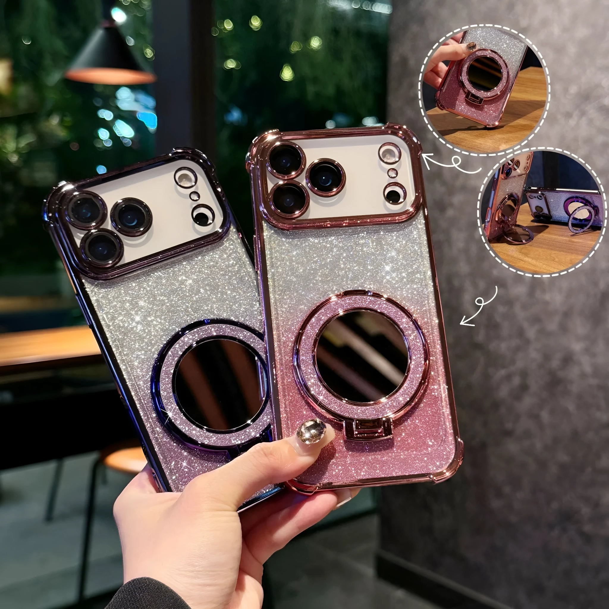 Glitter mirror magnetic bracket phone case for iPhone 17 Pro Max TPU shockproof drop resistant in gradient flash colours