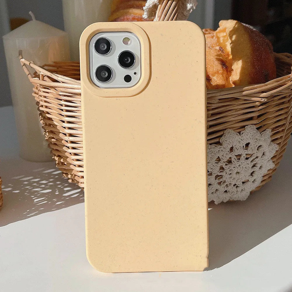 Fully degradable wheat straw phone case for Apple iPhone on a white background.